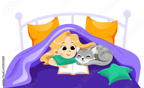 Animal Shelter, Animal Adoption, Care, Friendship Concept. Happy Little Girl Child With Cat Under The Blanket Are Reading. Children Friendship And Care Of Animal. Cartoon Flat Vector illustration