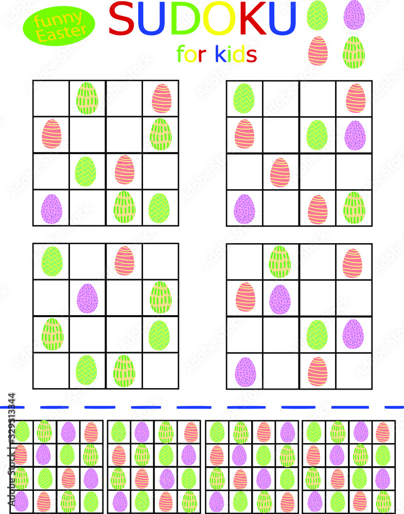 Happy Easter simple suduku set for kids Colored eggs printable logical Happy Easter simple suduku set for kids Colored eggs printable logical