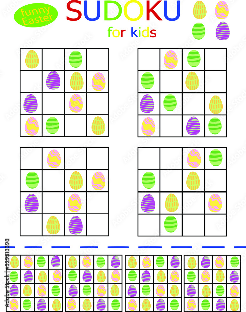 Vertical collection four by four sudoku riddle stock vector illustration. Colored eggs printable logical game for spring holidays. Happy Easter simple suduku set for kids. One of a series. Vertical collection four by four sudoku riddle stock vector illustration. Colored eggs printable logical game for spring holidays. Happy Easter simple suduku set for kids. One of a series.