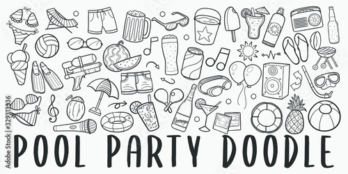 Pool Party Summer Doodle Line Art Illustration. Hand Drawn Vector Clip Art. Banner Set Logos.