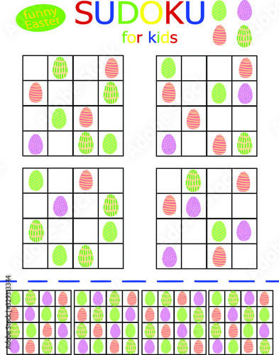 Happy Easter simple suduku set for kids. Colored eggs printable logical game for spring holidays. Vertical collection four by four sudoku riddle stock vector illustration. One of a series. 