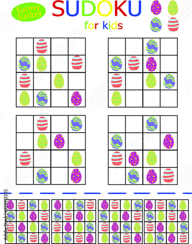 Set of simple sudoku puzzle for kids stock vector illustration. Spring seasonal happy Easter colored eggs printable game for kids holidays. Educational sheet for fun and improve brain and logic. 