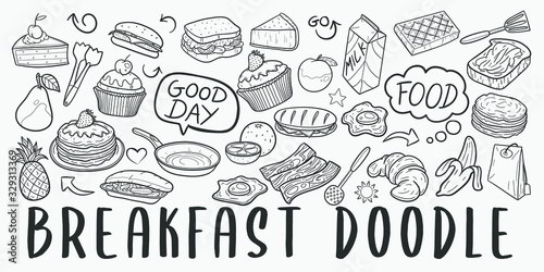 Breakfast Food Doodle Line Art Illustration. Hand Drawn Vector Clip Art. Banner Set Logos.