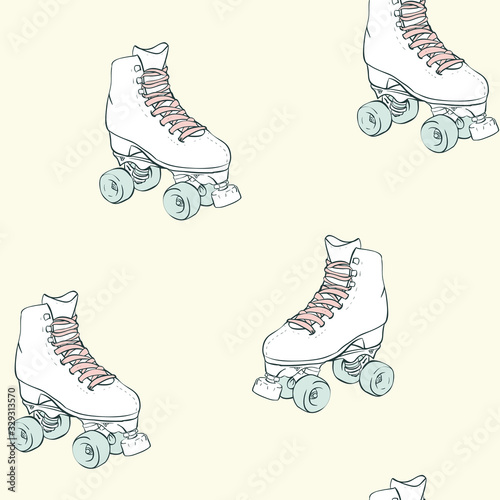 Vector Vintage Roller Skates on Pastel Yellow seamless pattern background.