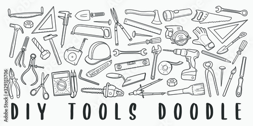 DIY Tools Doodle Line Art Illustration. Hand Drawn Vector Clip Art. Banner Set Logos.