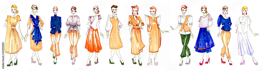 hand drawn sketches of a collection of fashionable women’s office clothes in casual style
