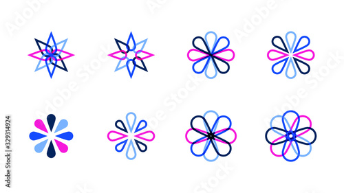 Logo Elements Icon Set with Floral Flower Pins in Blue and Pink Accents - Vector EPS Illustrator