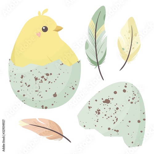 Happy easter set illustrution with a funny yellow chick in eggshell. Vector illustration
