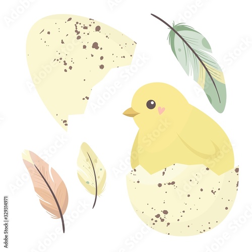 Happy easter set illustrution with a funny yellow chick in eggshell. Vector illustration