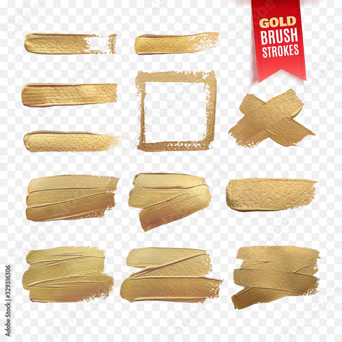 Vector gold paint brush strokes template isolated on white background. Hand draw Design banners