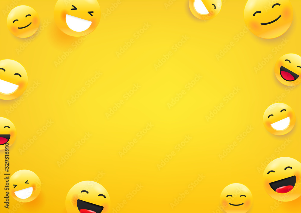Yellow cute faces. Social media message vector background. Copy space for a text