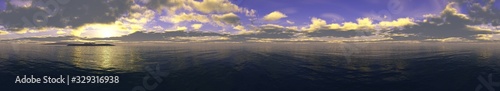Beautiful panoramic sunset at sea, ocean landscape at sunrise, 3D rendering