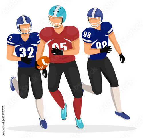 Male character running with ball in hands. American football players isolated. Gridiron game competition and rivalry on field. Professional athletes exercising before championship match, vector