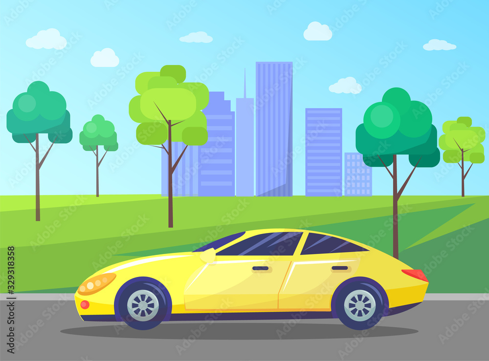 Business center of modern city with architecture and skyscrapers. Car on road passing cityscape. Vehicle riding along town park with greenery and trees. Traffic in urban area. Vector in flat style
