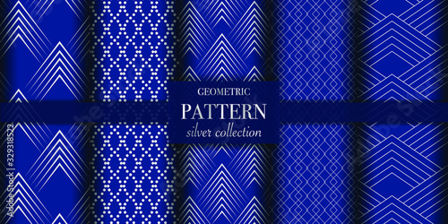 Set of 5 silver luxury geometric pattern background texture. Abstract line, dot retro style vector illustration for wallpaper, flyer, cover, design template. Repeat circle ornament, backdrop element
