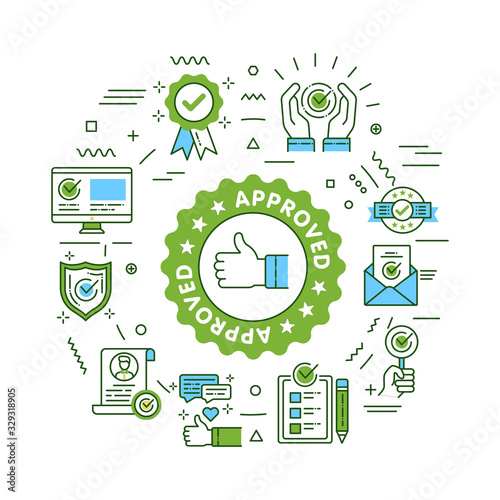 Approved web banner. Infographics with linear icons on green background. Creative idea concept. Isolated outline color illustration