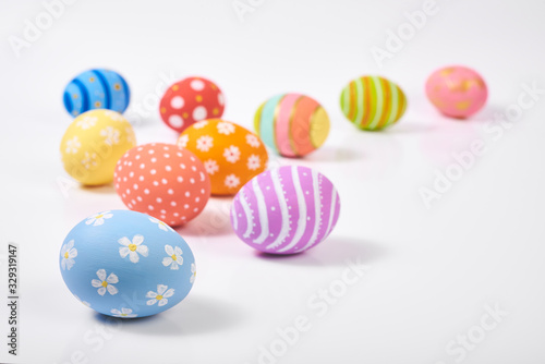 Top View. Creative layout Easter paint colorful Eggs various pattern handmade on isolated white background.copy space.