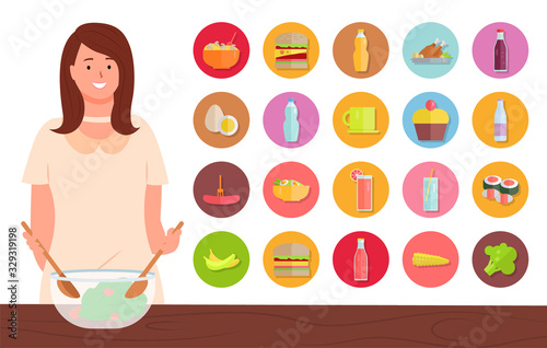 Woman cooking in kitchen, set of ingredients for making dishes. Female character using spatula for dough mixing. Water in bottle, burger and broccoli, sushi and cupcake with cherry vector in flat