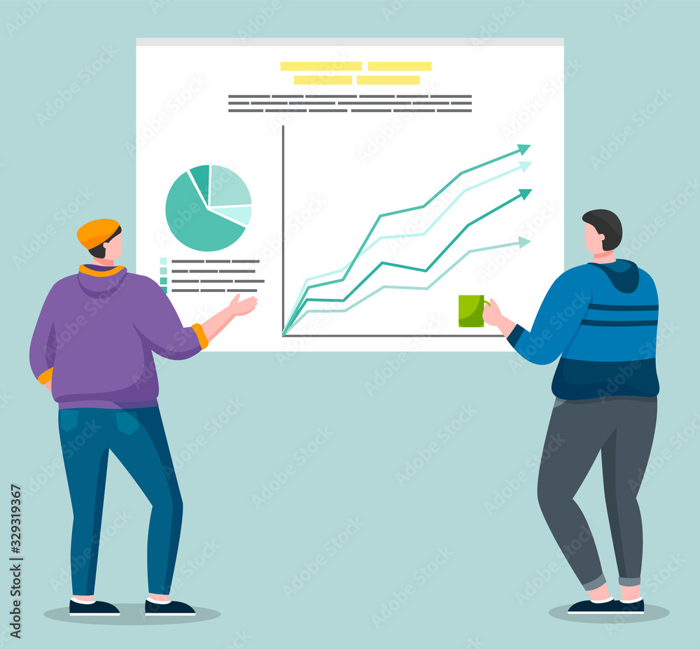 Men stand near statistics board and discussing about results. Two people talk about work. Financial report that represents growth, arrows pointing up. Vector illustration of coworking in flat style Men stand near statistics board and discussing about results. Two people talk about work. Financial report that represents growth, arrows pointing up. Vector illustration of coworking in flat style