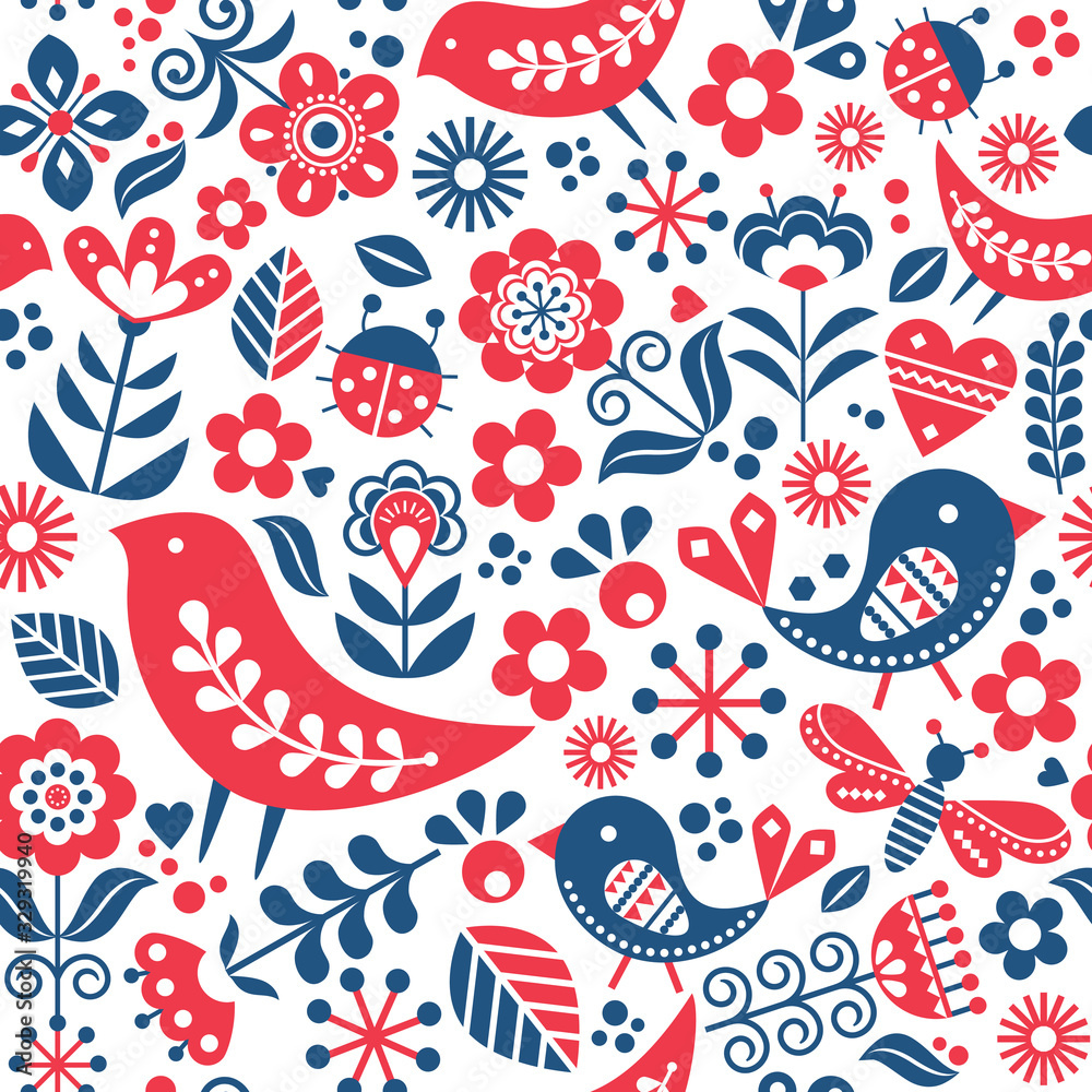 Scandinavian folk art vector seamless pattern with birds, flowers, spirng happy textile design inspired by traditional embroidery from Sweden, Norway and Denmark