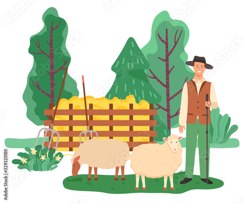 Farming male character, shepherd with sheep in farm. Personage holding wooden stick caring for animals. Landscape with trees and greenery, fence and dry grass for livestock. Vector in flat style