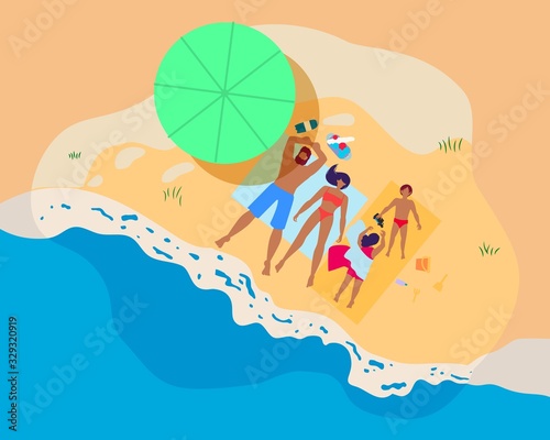 Top View Happy Family Relaxing on Beach at Summer Time Vacation. Mother, Father, Daughter and Son Lying on Sea Cost Enjoying Sun. People Weekend Leisure Spare Time. Cartoon Flat Vector Illustration
