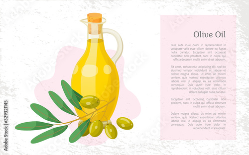 Olive oil, hair natural cosmetics, bottle and branch plant essence, vector banner. Organic skincare product, shampoo or hair mask ingredient. Oily substance for strong and silky hairs illustration