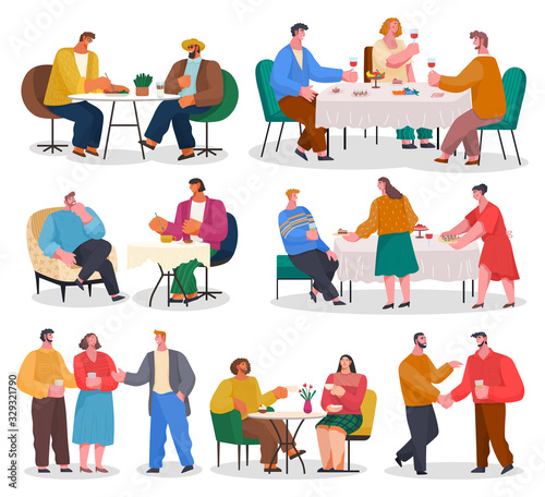 Set of pictures with people in restaurant or home reception. Family meeting with food and drinks. Friends spending time together. Men and women talking and having fun. Vector illustration of party