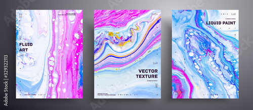 Abstract liquid banner, fluid art vector texture set. Artistic background that applicable for design cover, poster, brochure and etc. Blue, pink and white universal trendy painting backdrop