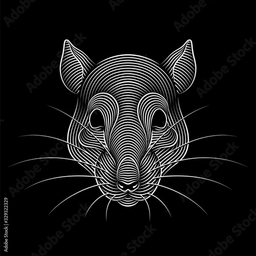 Engraving of stylized rat portrait on black background. Line art. Stencil art. Metal rat.