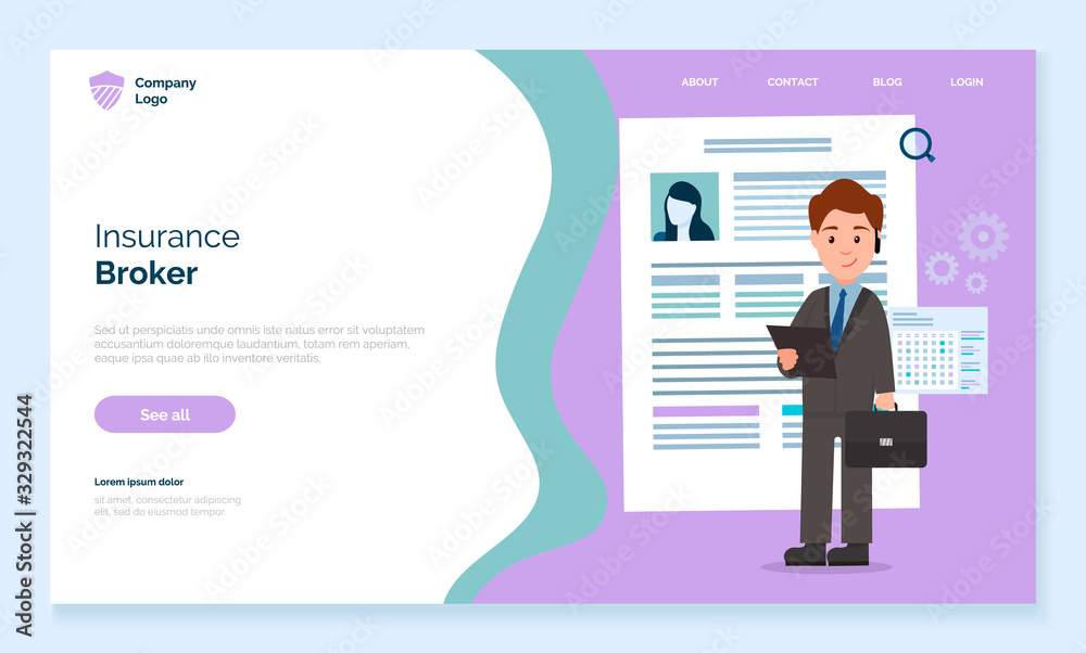 Website of company that provides brokerage services. Man in suit stand with documents. Agent carry out mediation between insurer and insurance market. Vector illustration of web page in flat style Website of company that provides brokerage services. Man in suit stand with documents. Agent carry out mediation between insurer and insurance market. Vector illustration of web page in flat style