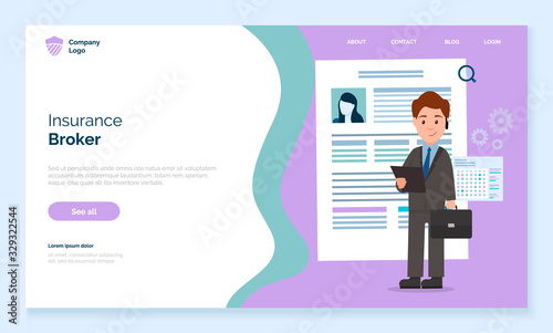 Website of company that provides brokerage services. Man in suit stand with documents. Agent carry out mediation between insurer and insurance market. Vector illustration of web page in flat style