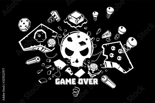 Broken joystick. Gamepad parts. Video game poster. Game over t shirt print. V...