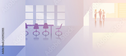 Office interior open-space flat design vector illustration. Business people standing talking in modern meeting room conference hall Businessmen and Businesswoman silhouette near big window