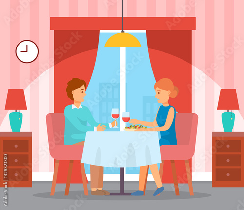 Man and woman sit and talk. Couple drink wine and eat food in lounge, romantic date. Friends spending time together at home. Room interior with big window and cozy atmosphere. Vector illustration