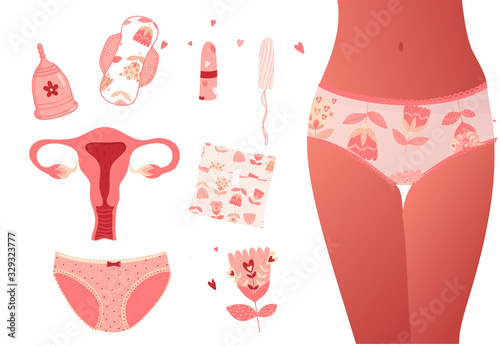 Vector set of female hygiene products. Menstrual cup, tampons, pads, eco pads, panties, woman's body, calendar of menstrual cycle. Set of personal hygiene vector illustration. 