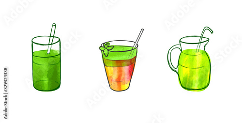 Vector set of hand drawn smoothies isolated on white background, healthy eating concept, detox drinks, watercolor.