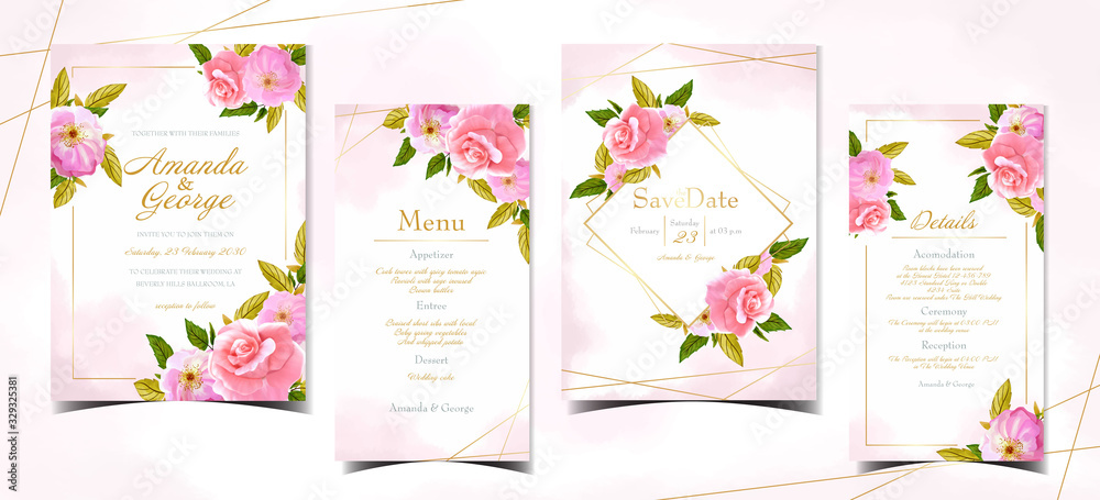 set of elegant pink wedding invitation card collection with abstract background