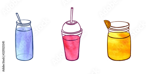 Vector set of hand drawn smoothies on white background, healthy eating concept, detox drinks, watercolor.