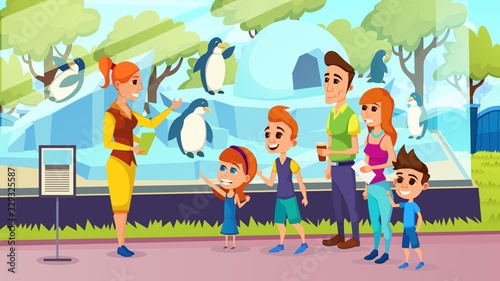 Summer Vacation, Happy Family of Mother, Father and Kids Having Excursion with Guide in Zoo, Dad, Mom, Daughter and Son at Cage with Penguins, Children Outdoor Leisure Cartoon Flat Vector Illustration