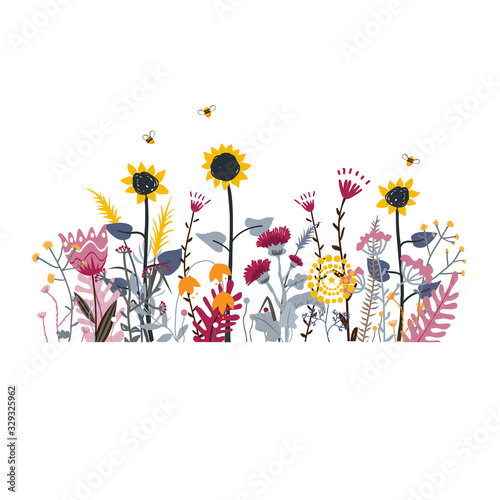 Wild and honey meadow flowers scene. Vector nature background with hand drawn wild herbs, flowers and leaves on white.