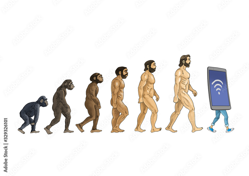 theory of evolution and technology cartoon illustrations white ...