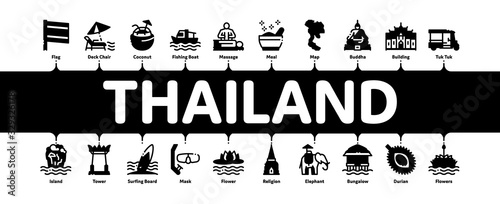 Thailand National Minimal Infographic Web Banner Vector. Thailand On Geography Map And Flag, Bungalow And Building, Elephant And Tuktuk Illustrations