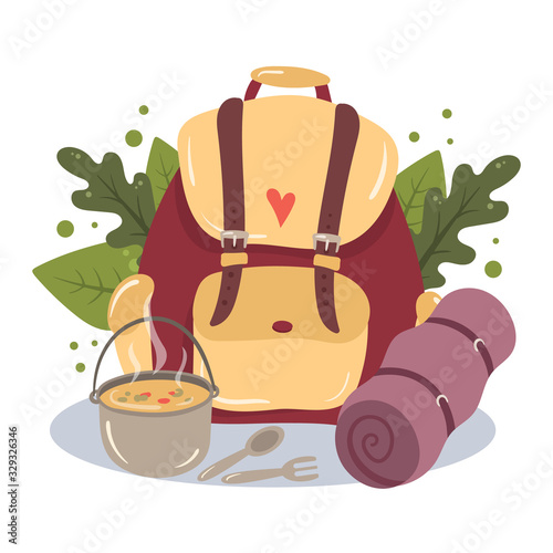 Cute cartoon illustration of hiking backpack with a bowler hat, sleeping bag and floral elements.