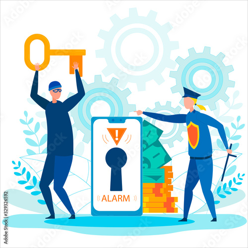 Robber Running Away with Stolen Key. Alarm Lock Sign on Phone Screen. Money Cash, Gold Coins. Policewoman with Club. Hacking Bank Account. Personal Data Internet Security. Vector Illustration