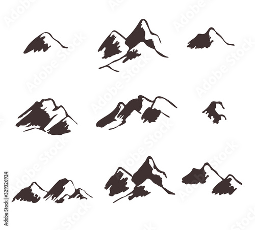 Set of the Flat Mountain Icons.  Drawn vector mountains. Illustration Isolated on a white background.	