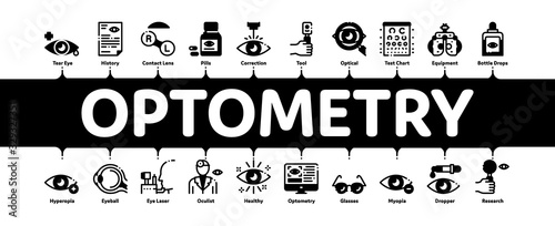 Optometry Medical Aid Minimal Infographic Web Banner Vector. Optometry Doctor Equipment And Pills Bottle, Eye Drops And Glasses, Research And Health Illustrations