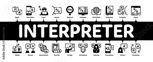 Interpreter Translator Minimal Infographic Web Banner Vector. Interpreter In Smartphone And Web Site, Laptop And Microphone, Language Linguist Illustrations