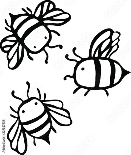Set thick, small, simple bees in a doodle style. Line insect. Print for children's coloring, print for clothes, t-shirts, cups, postcard. Black image on a white background. © Tetiana