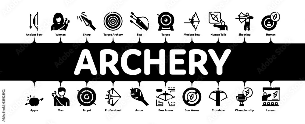 Archery Activity Sport Minimal Infographic Web Banner Vector. Archery Target And Equipment, Crossbow And Bow, Arrow And Archer, Championship Cup Illustrations
